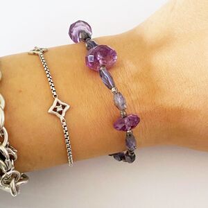 Vintage 925 silver amethyst and gem stone beaded bracelet 7.5”